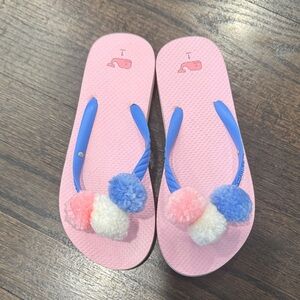 Vineyard Vines Pink Flip Flops with Blue Straps and Multicolor Pom-Poms